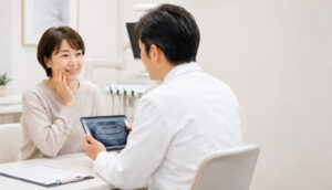 歯科医師が患者にCT撮影結果を説明している診察室の場面