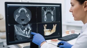 インプラント術前のCT画像で骨量を確認している様子
